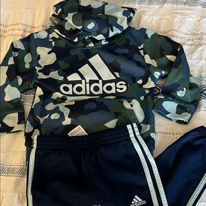 Adidas Green and Blue Camouflage Hoodie with Navy Track Pants